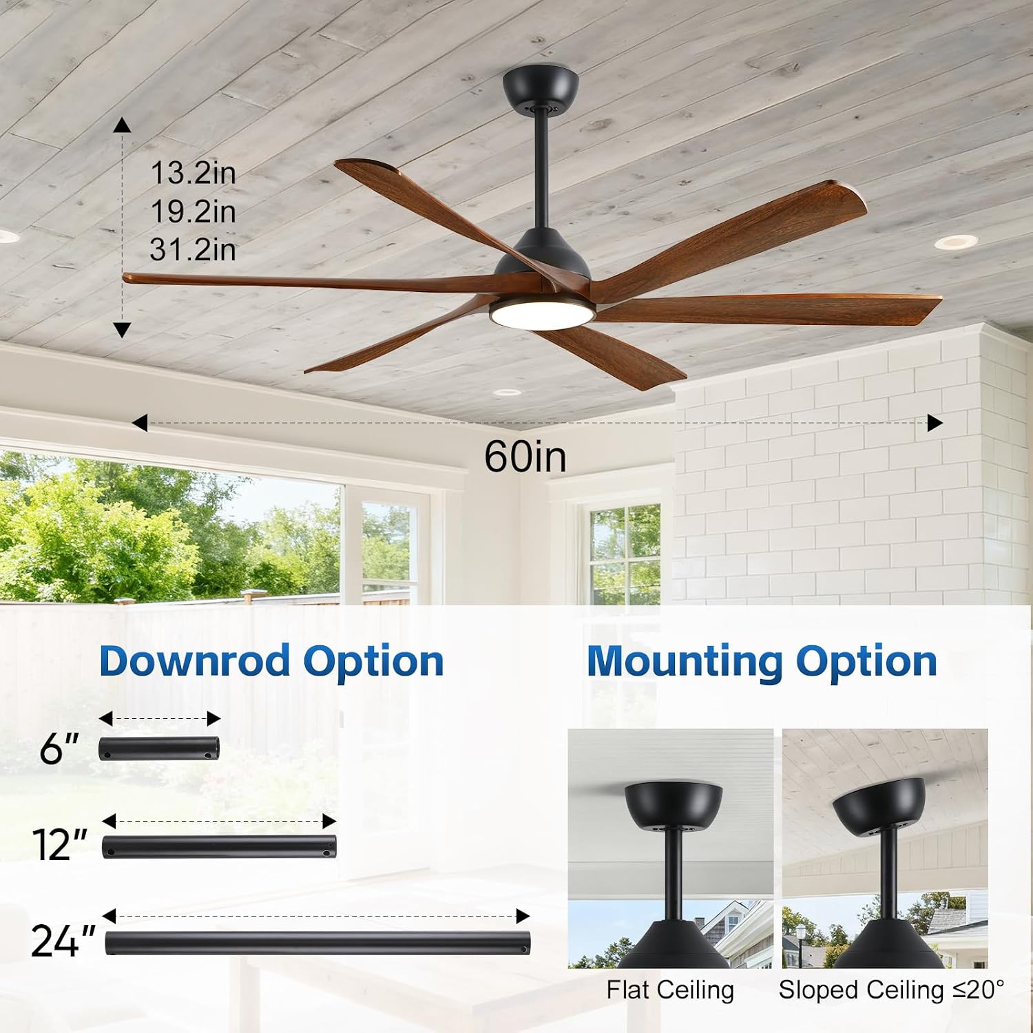 60 Inch Outdoor Smart Ceiling Fan with Lights, Alexa/App/Remote Control, Rustic Farmhouse Style-6 Wood Fan Blades, 7775 High CFM, Quiet Reversible DC Motor, 3 Downrods, Damp-Rated for Indoor Exterior