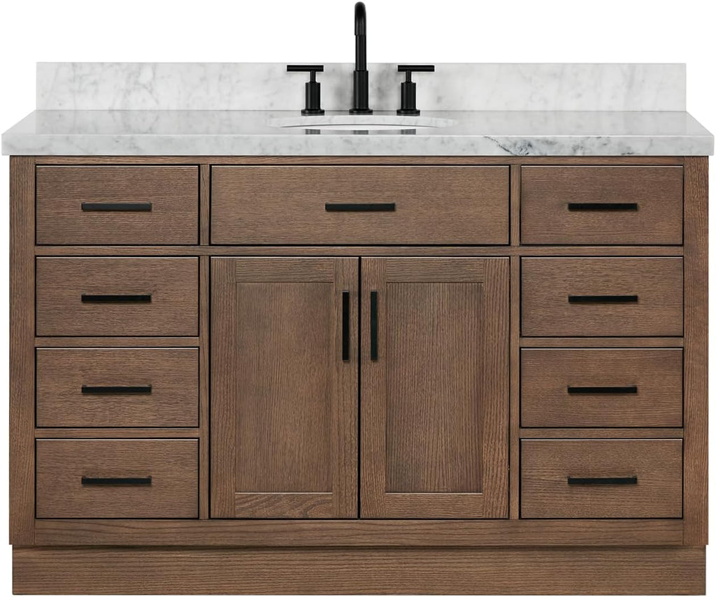 ARIEL Hepburn 54-inch Bathroom Vanity with Sink,Solid Wood, 1.5-inch Italian Carrara Marble Countertop & Backsplash, Single Oval Porcelain Sink, 2 Soft Closing Doors, 9 Dovetail Drawers, Brown Oak