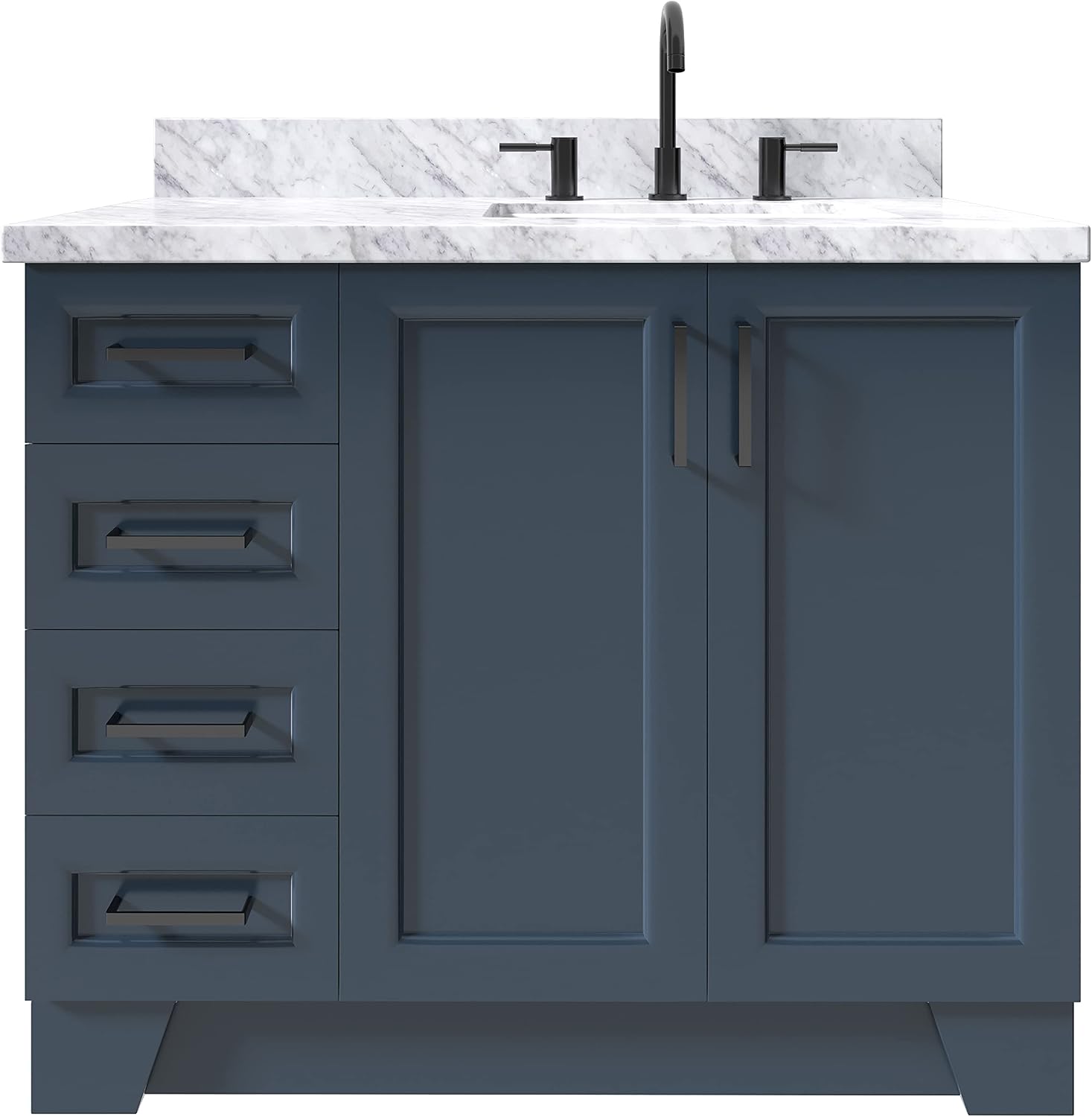 ARIEL Taylor 42-inch Bathroom Vanity with Sink,Solid Wood, 1.5-inch Italian Carrara Marble Countertop, Single Rectangular Porcelain Sink, 2 Soft Closing Doors, 5 Dovetail Drawers, Midnight Blue