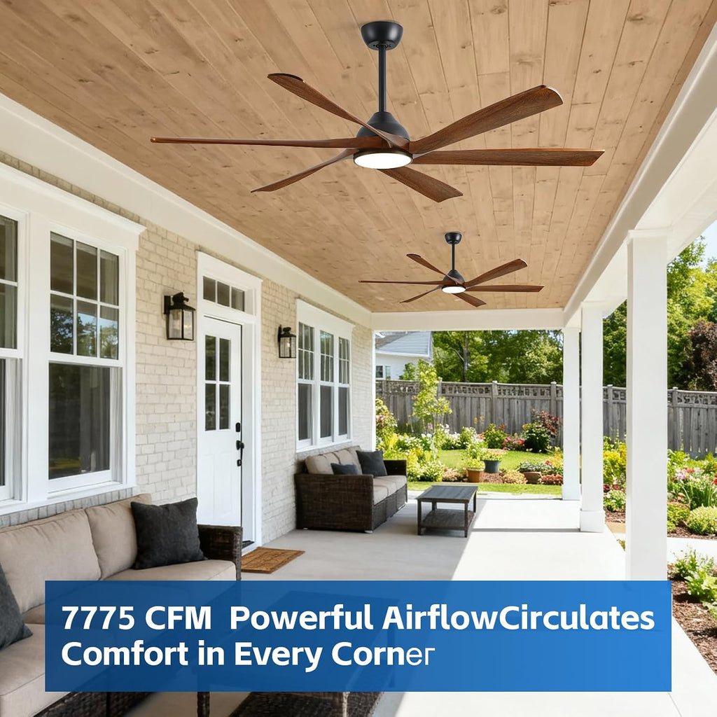 60 Inch Outdoor Smart Ceiling Fan with Lights, Alexa/App/Remote Control, Rustic Farmhouse Style-6 Wood Fan Blades, 7775 High CFM, Quiet Reversible DC Motor, 3 Downrods, Damp-Rated for Indoor Exterior
