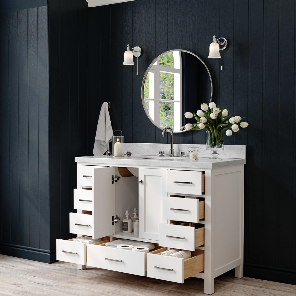 ARIEL Cambridge 48-inch Bathroom Vanity with Sink,Solid Wood, 1.5-inch Italian Carrara Marble Countertop, Single Rectangular Porcelain Sink, 2 Soft Closing Doors, 9 Dovetail Drawers, White