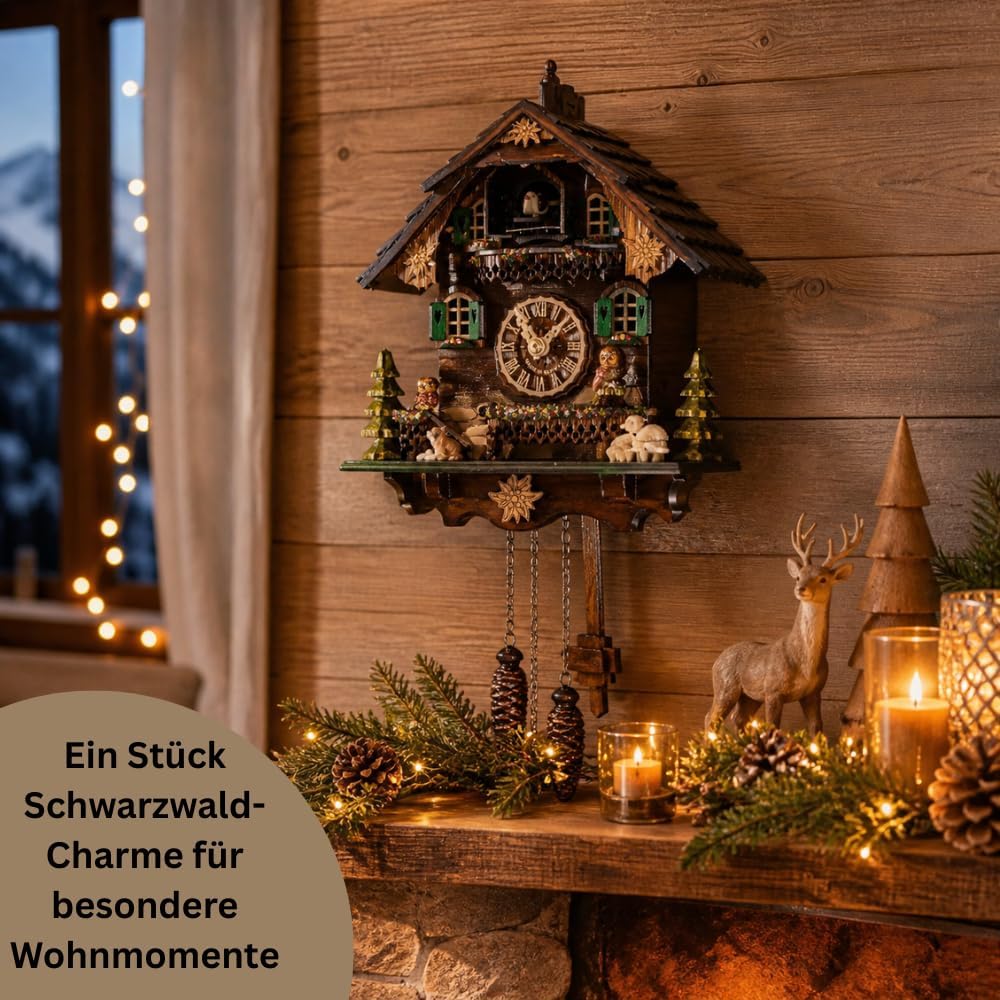 Cuckoo-Palace Saint Bernard Chalet Cuckoo Clock – 32 cm Quartz Clock, Traditional Black Forest House Design, Brown