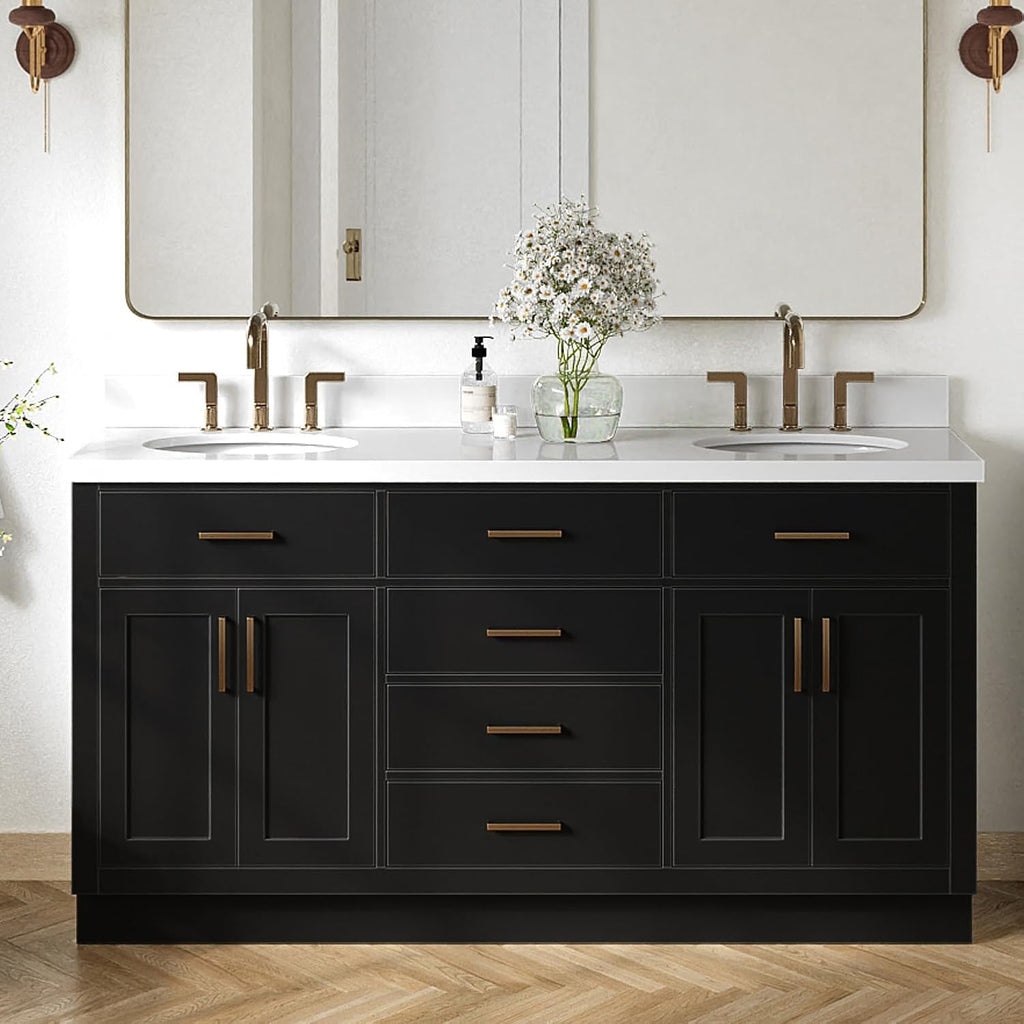 DKB Isabella 66-Inch Black Double Bathroom Vanity with Oval Sinks, 1.5-Inch Pure White Quartz Countertop & 4-Inch Backsplash, Solid Wood Frame, Soft-Close Drawers