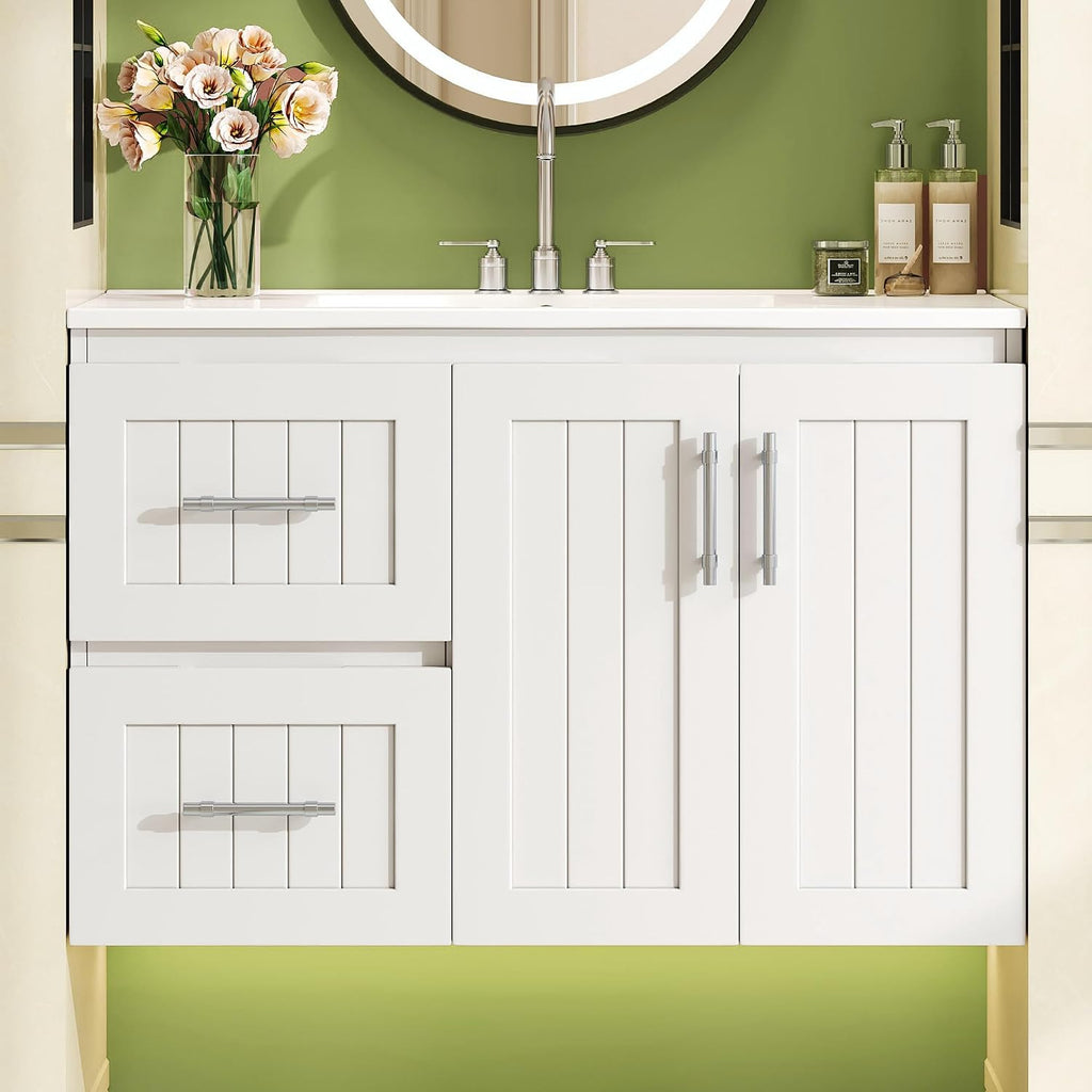 Marzzi 36' Floating Bathroom Vanity with Sink, Modern Painted Wall Mounted Bathroom Storage Cabinet with 2 Doors and 2 Drawers, Solid Wood French Cleat, Adjustable Shelf, Ceramic Sink Top