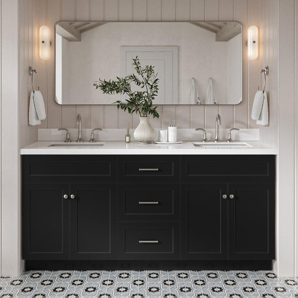 DKB Bradford 72 Inch Bathroom Vanity Double Sink — Black Bathroom Vanity with Sink, 1.5' Edge Pure White Quartz Countertop & Backsplash, 4 Soft-Close Doors, and 3 Dovetail Drawers