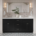 DKB Bradford 72 Inch Bathroom Vanity Double Sink — Black Bathroom Vanity with Sink, 1.5' Edge Pure White Quartz Countertop & Backsplash, 4 Soft-Close Doors, and 3 Dovetail Drawers