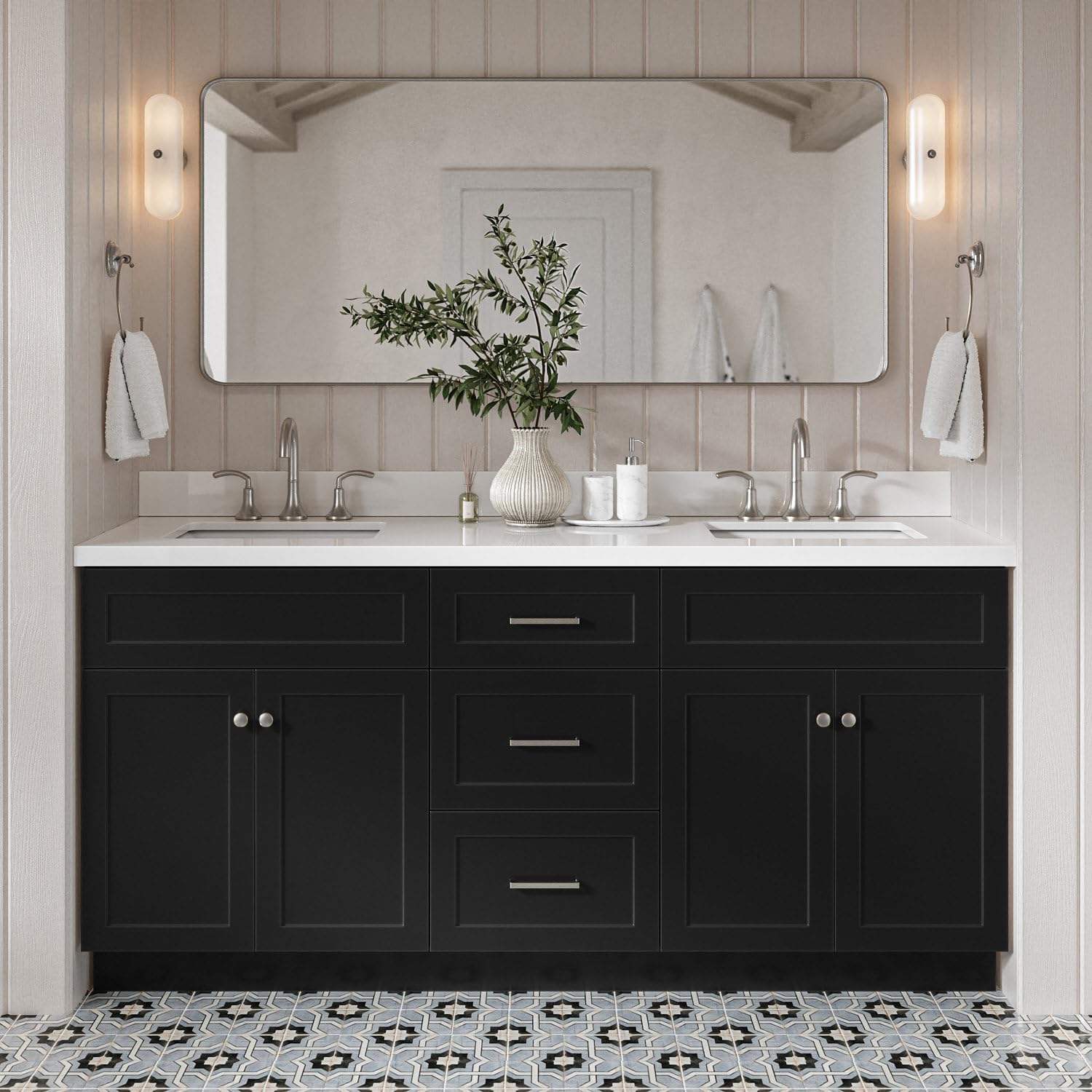 DKB Bradford 72 Inch Bathroom Vanity Double Sink — Black Bathroom Vanity with Sink, 1.5' Edge Pure White Quartz Countertop & Backsplash, 4 Soft-Close Doors, and 3 Dovetail Drawers