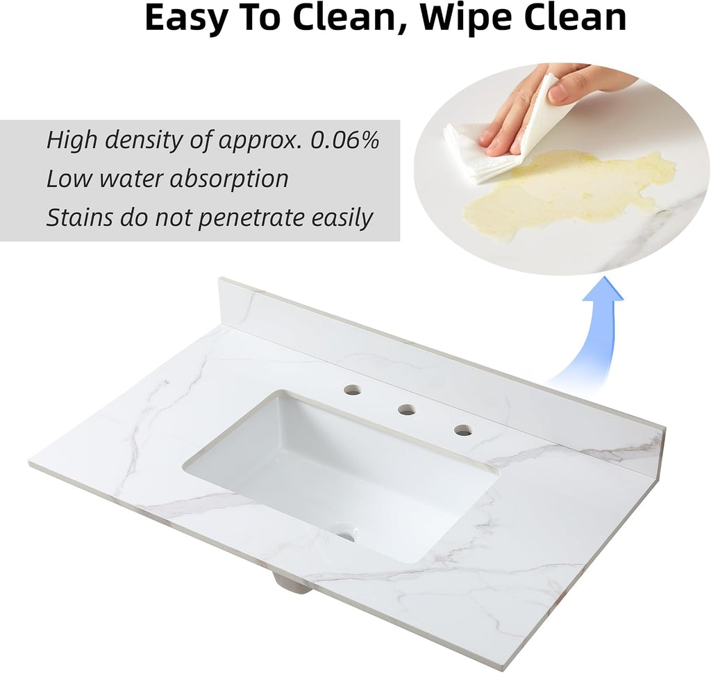 37 Inch Bathroom Vanity Top with Undermounted Large Ceramic Sink & Backsplash, Sintered Stone Artificial Marble Vanity Sink Tops with 3 hole, Carrara Gold