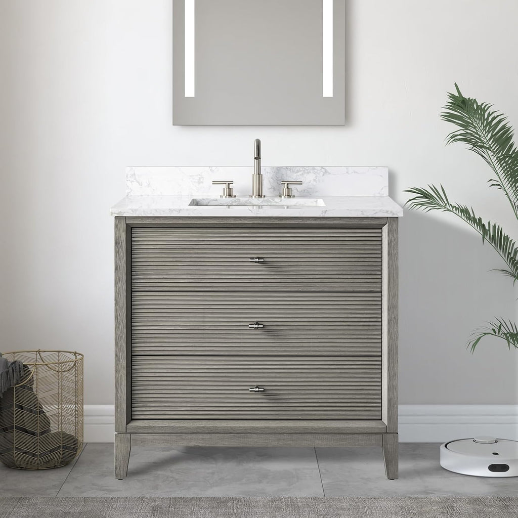 Vanity Art 36' Bathroom Vanity with Single Sink & Arabescato White Engineered Stone Top, Vanity Cabinet with Soft Closing Door, Solid Wood Frame, Brushed Nickel Handles, Driftwood Gray VA8136-DG-BN