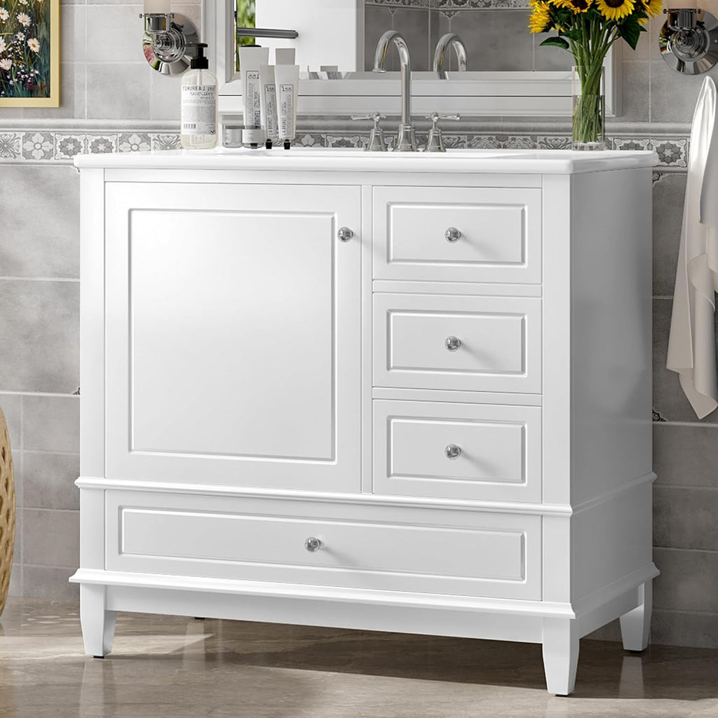 Mirightone 36' Vanity with Sink, Bathroom Vanities 36 Inch with Sink, Single Sink Bathroom Vanity with Door Shelf and Three Drawers, Restroom Vanity with Sink Top (White)