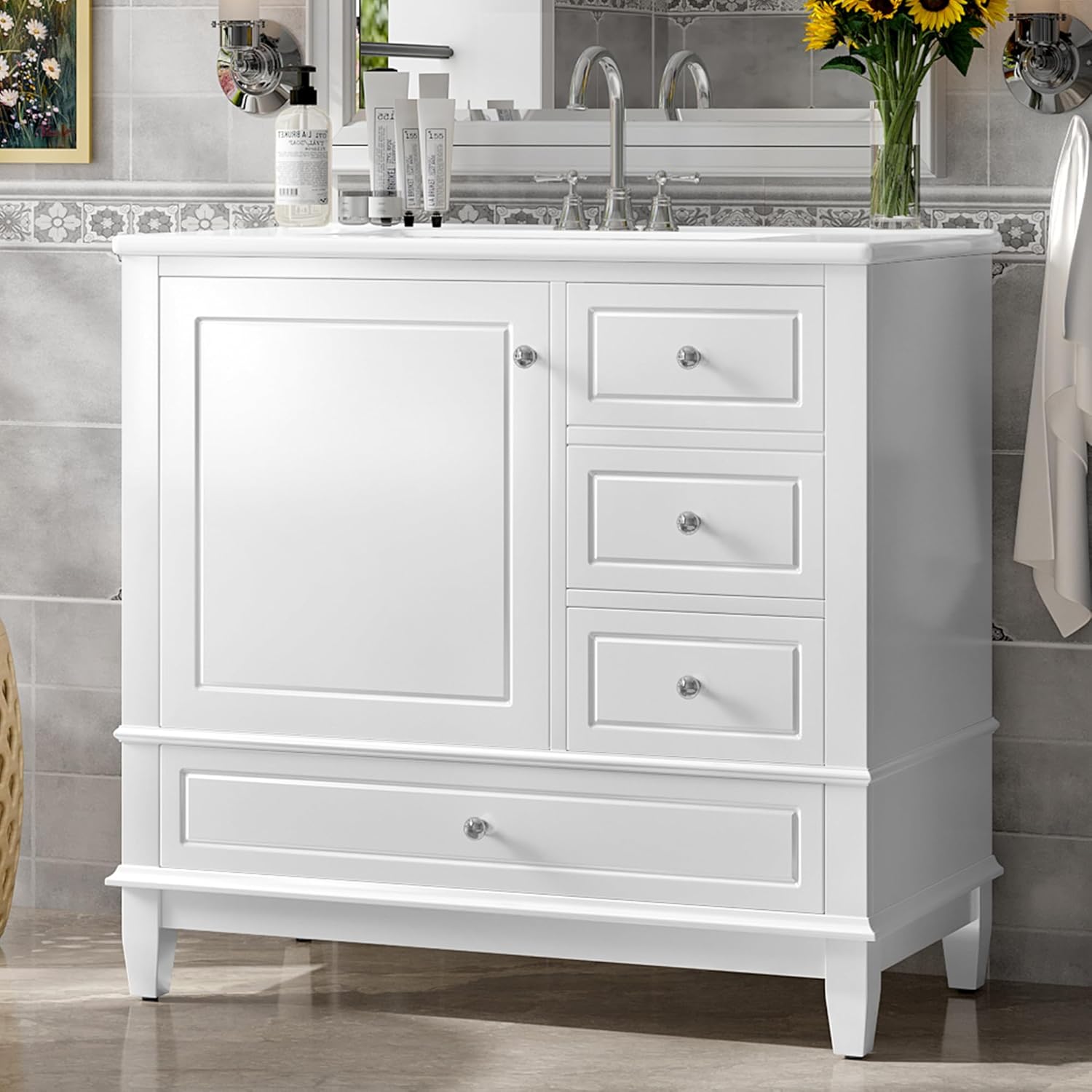 Mirightone 36' Vanity with Sink, Bathroom Vanities 36 Inch with Sink, Single Sink Bathroom Vanity with Door Shelf and Three Drawers, Restroom Vanity with Sink Top (White)