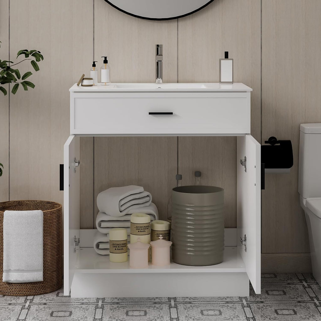 30 Inch White Bathroom Vanity with Ceramic Sink, Modern Freestanding Bathroom Cabinet with Soft-Close Doors & Storage, Moisture-Resistant Paint Surface, Single Sink Vanity for Small Bathroom