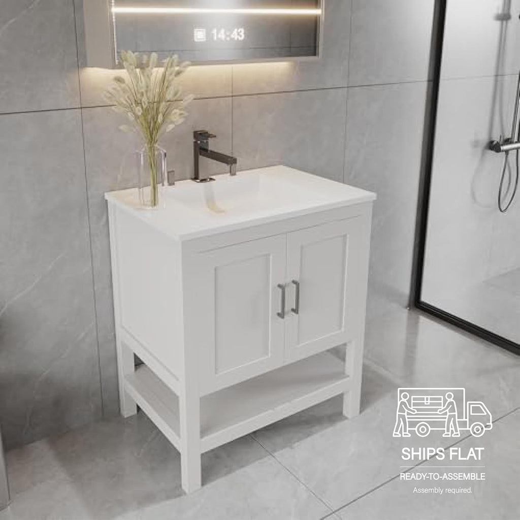 30' Bathroom Vanity with Sink – Freestanding Solid Wood Cabinet with Open Shelf, Soft-Close Doors, Matte White Resin Integrated Top (31' Top Included, White)