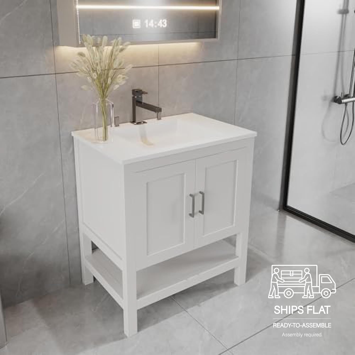 36' Bathroom Vanity with Sink – Freestanding Solid Wood Cabinet with Open Shelf, Soft-Close Doors, Matte White Resin Integrated Top (37' Top Included, White)