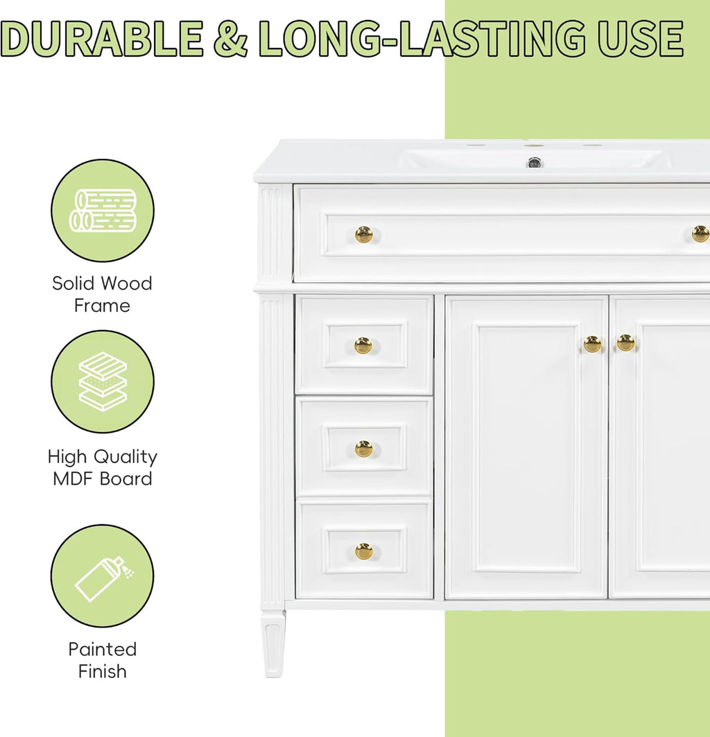 36' Bathroom Vanity Cabinet with Ceramic Countertop Sink Combo Set, Solid Wood Frame, Tilt-Out Drawers and Left Side Drawers, Soft Closing Door Hinges, Modern Style, White