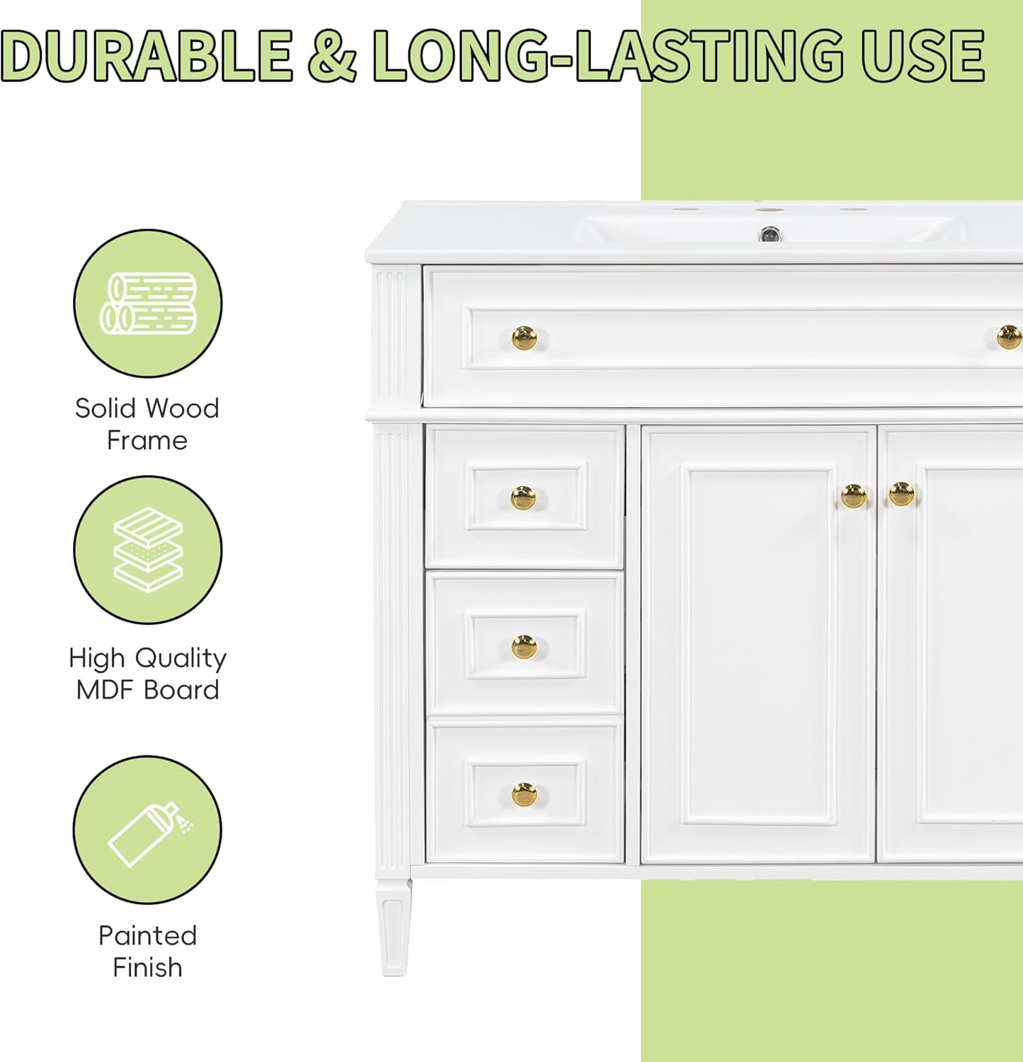 36' Bathroom Vanity Cabinet with Ceramic Countertop Sink Combo Set, Solid Wood Frame, Tilt-Out Drawers and Left Side Drawers, Soft Closing Door Hinges, Modern Style, White