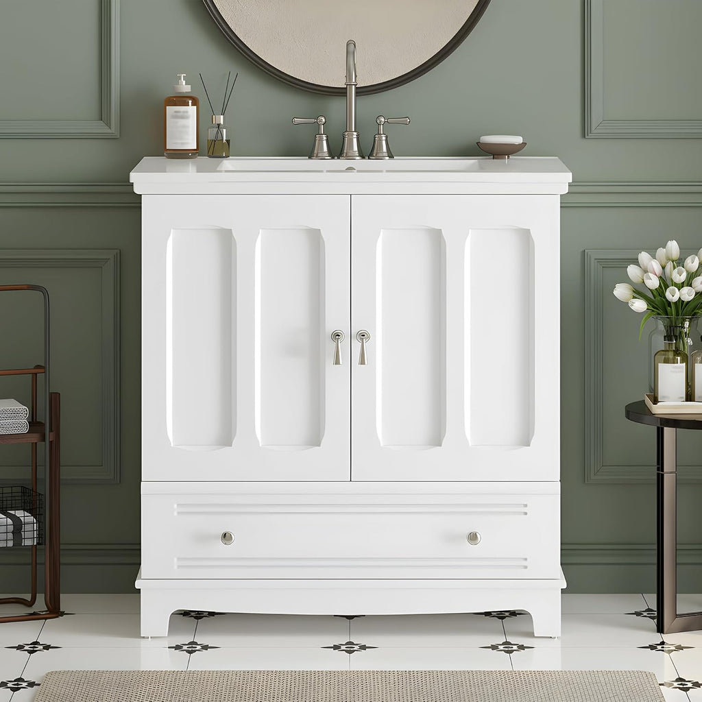 Merax 30 Inch Bathroom Vanity with Sink, Freestanding Painted Bathroom Vanity Cabinet with 2 Doors & 2 Drawers, Solid Wood Frame, Ceramic Sink