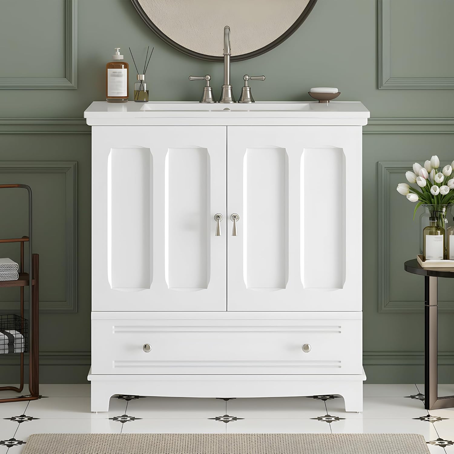 Merax 30 Inch Bathroom Vanity with Sink, Freestanding Painted Bathroom Vanity Cabinet with 2 Doors & 2 Drawers, Solid Wood Frame, Ceramic Sink