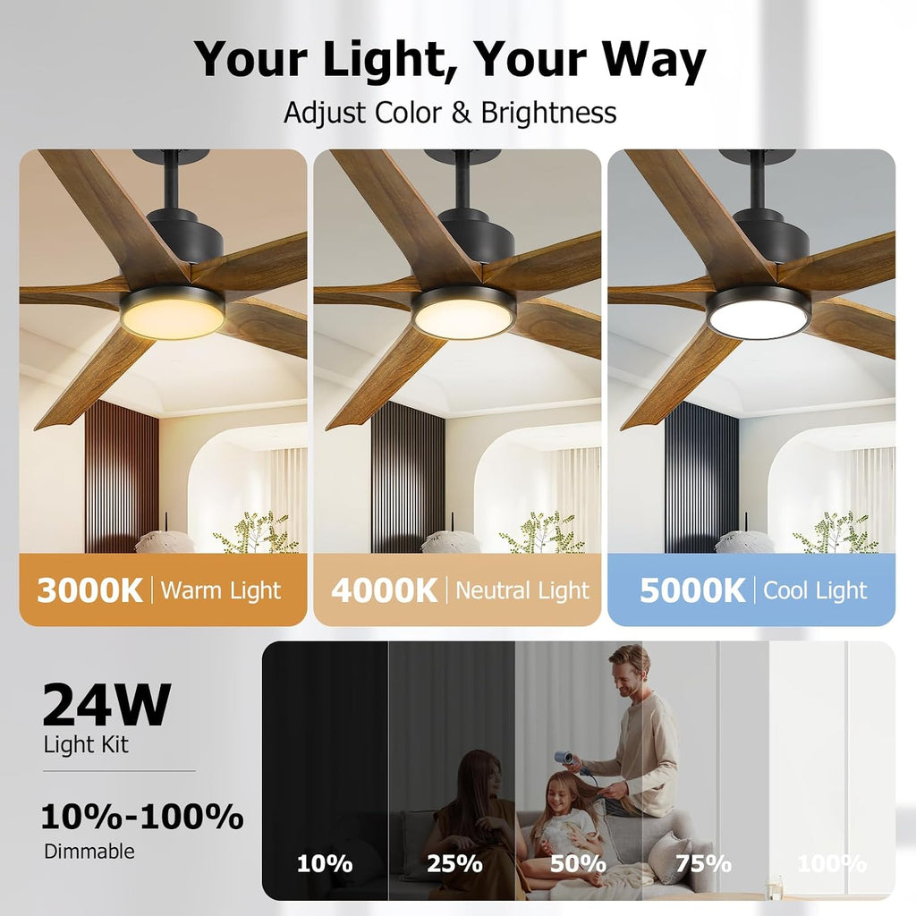 72 Inch Ceiling Fan with Lights, Outdoor Wood Silent Ceiling Fans, Modern Large Airflow High CFM Farmhouse Fan, Quiet Reversible DC Motor 5 Blades for Bedroom Living Room Exterior Patios