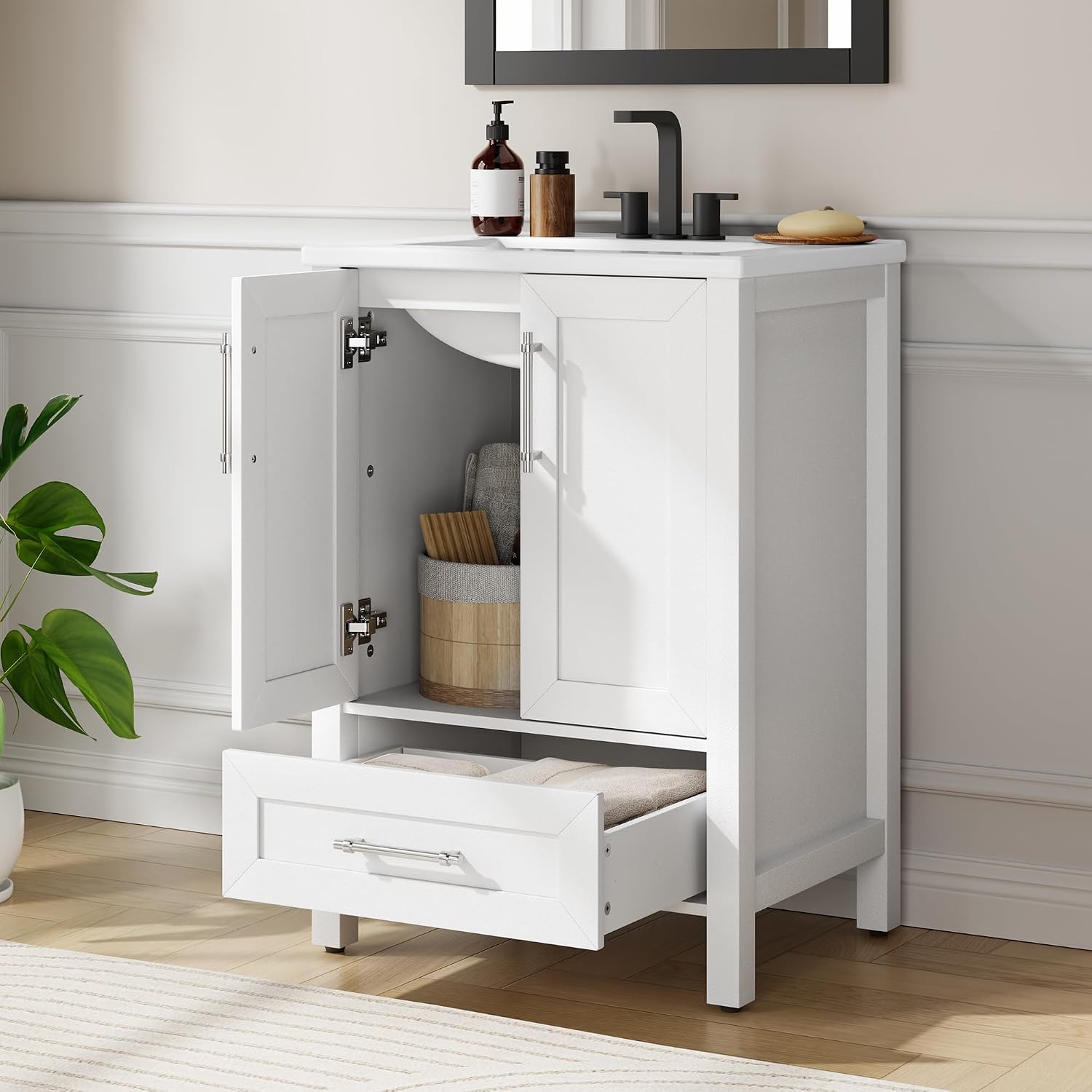 GAOMON 24' Bathroom Vanity with Ceramic Sink, Bathroom Storage Cabinet with Drawer and 2 Soft Closing Doors, Single Sink Bathroom Vanity with Integral Top, White