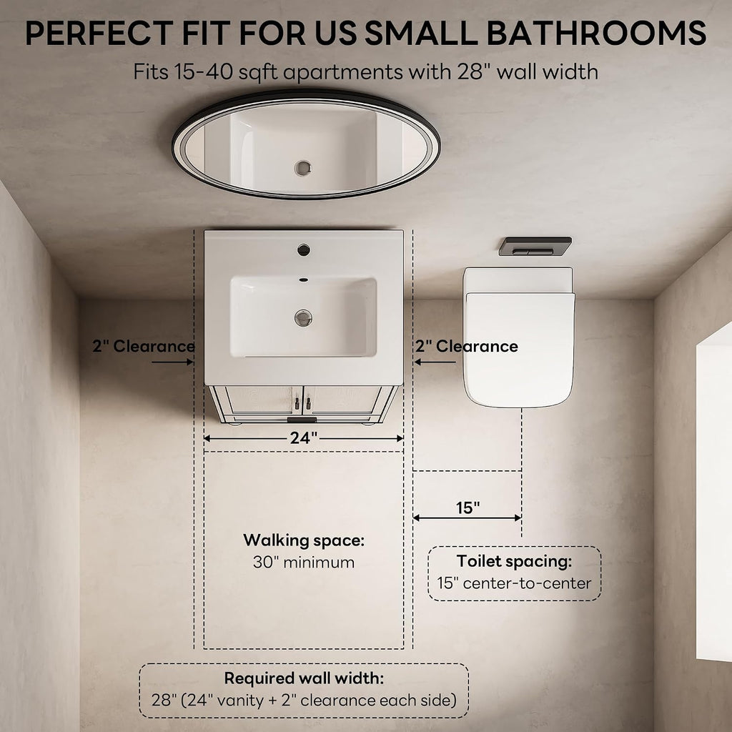 LIKIMIO 24' Bathroom Vanity with Ceramic Sink, Small Bathroom Storage Cabinet, 2 Doors 1 Drawer, 4 Solid Wood Legs, Fits 15-40 sqft Bathroom, White Freestanding Vanity Cabinet for Apartments, Rentals