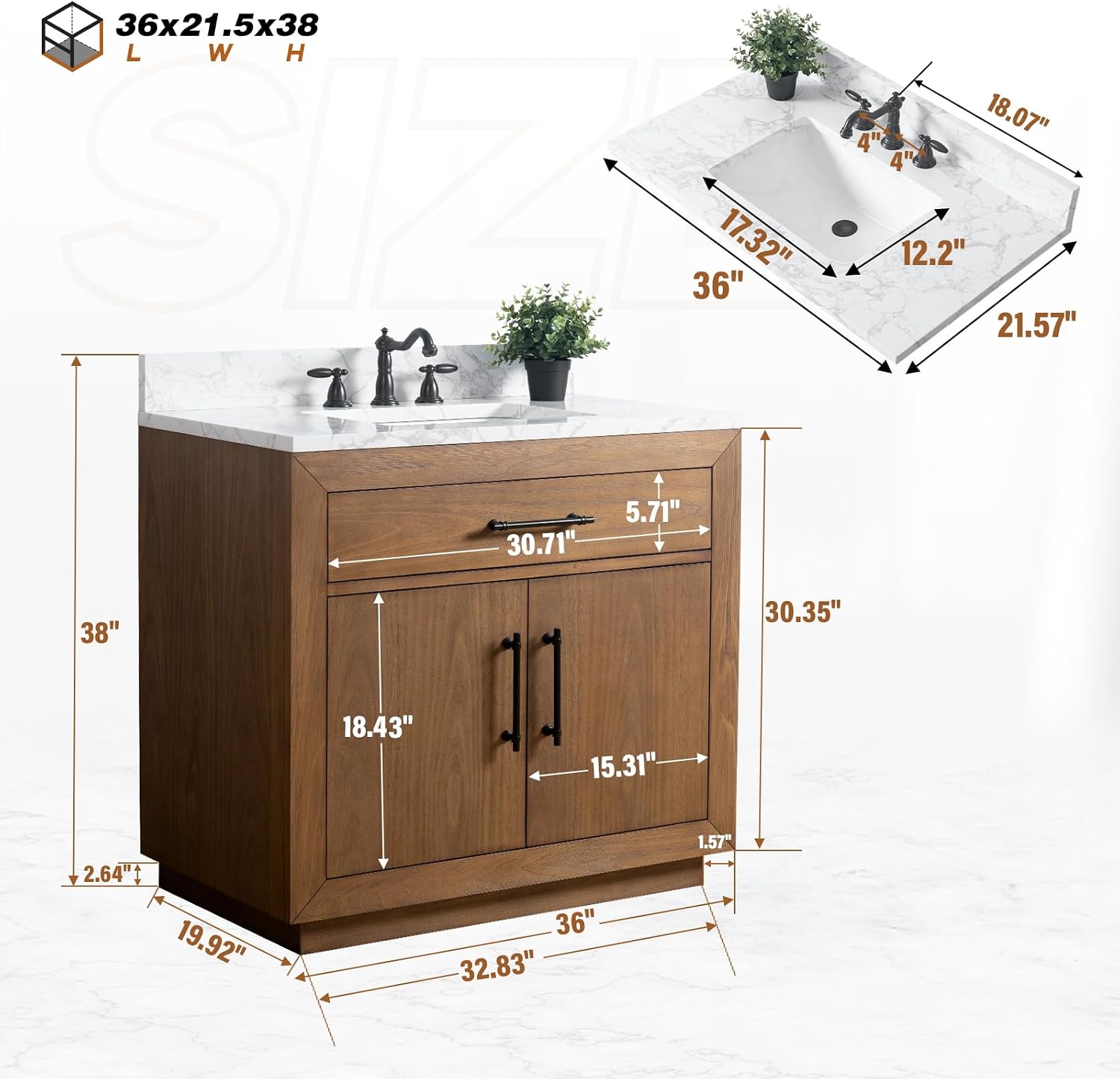 HOMEBEYOND 36' Bathroom Vanity with Single Sink & Ceramic Top, MDF Material Vanity Cabinet with Basin Combo, Soft-Closing Doors, Removable Shelf, Backsplash, Tan