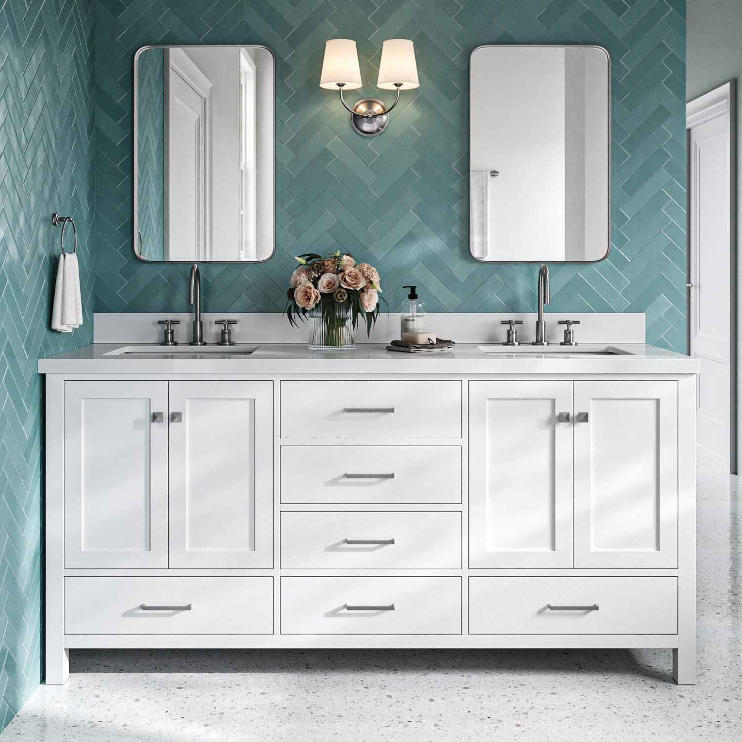 DKB Beckford 72 Inch Bathroom Vanity Double Sink — White Bathroom Vanity with Sink, 1.5' Edge Pure White Quartz Countertop & Backsplash, 4 Soft-Close Doors, 6 Dovetail Drawers