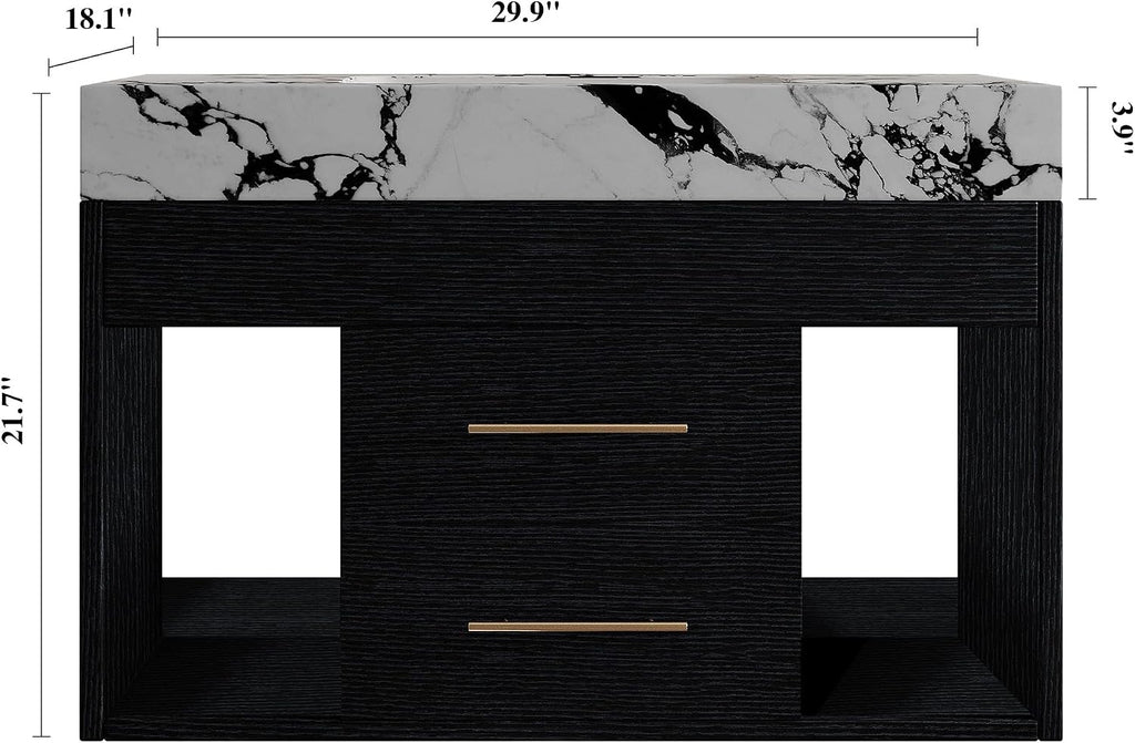 30' Bathroom Vanity with Sink Set, Modern Black Wall Mounted Bathroom Vanity Cabinet with Sintered Stone Top&Gold Handle 2 Drawers&2 Open Storage, Single Sink Floating Bathroom Vanity