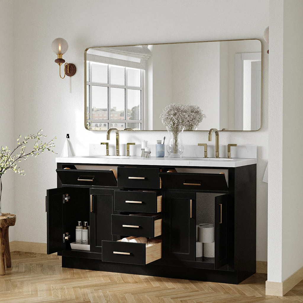 ARIEL Hepburn 60-inch Bathroom Vanity with Sink,Solid Wood, 1.5-inch Carrara White Quartz Countertop & Backsplash, Double Oval Porcelain Sink, 4 Soft Closing Doors, 6 Dovetail Drawers, Black