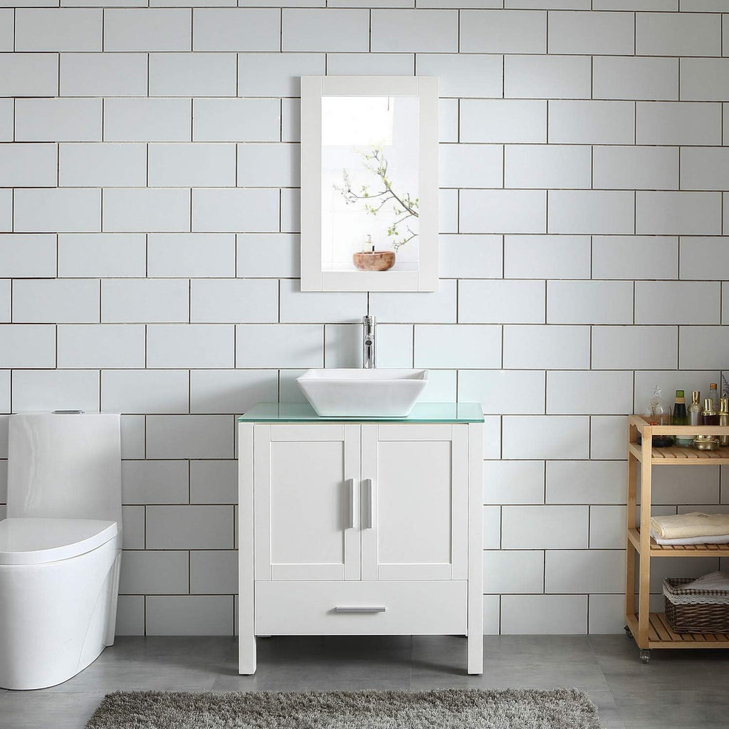 White 30' Bathroom Vanity Sink Combo Wood Bathroom Cabinet Glass Top w/Mirror Faucet & Drain Set