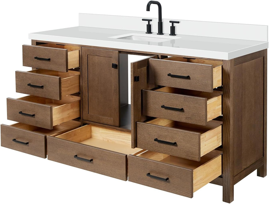 ARIEL Cambridge 66-inch Bathroom Vanity with Sink,Solid Wood, 1.5-inch Pure White Quartz Countertop, Single Rectangular Porcelain Sink, 2 Soft Closing Doors, 9 Dovetail Drawers, Brown Oak