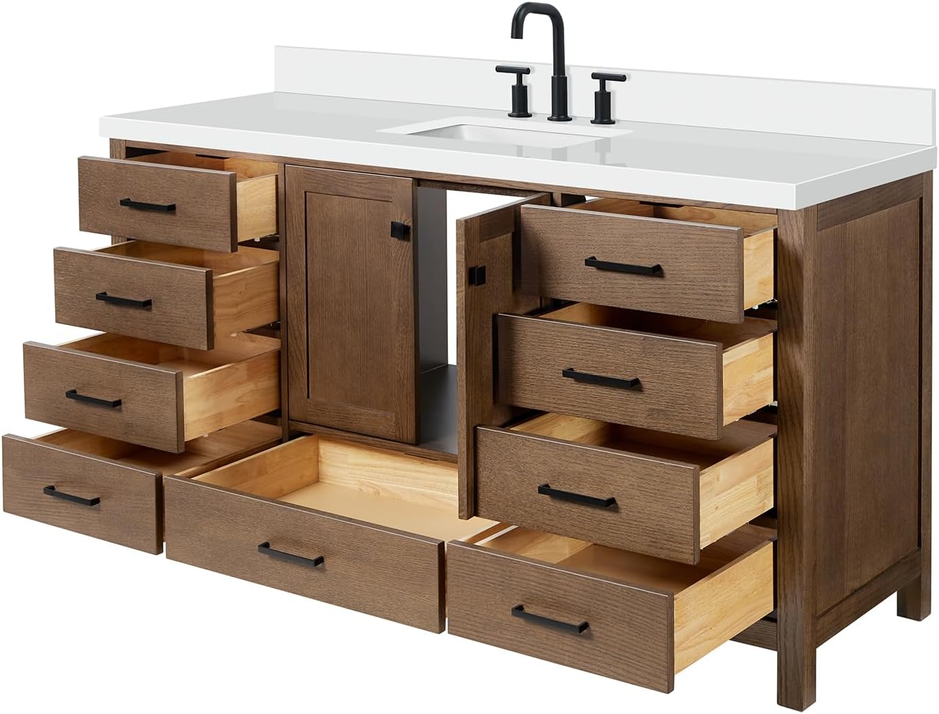 ARIEL Cambridge 66-inch Bathroom Vanity with Sink,Solid Wood, 1.5-inch Pure White Quartz Countertop, Single Rectangular Porcelain Sink, 2 Soft Closing Doors, 9 Dovetail Drawers, Brown Oak