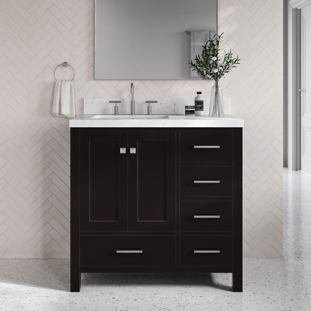 DKB Beckford 36-Inch Espresso Single Bathroom Vanity with Sink, Solid Wood Frame, Carrara White Quartz 1.5' Countertop, Left Rectangular Undermount Sink, 2 Soft Closing Doors, 5 Drawers