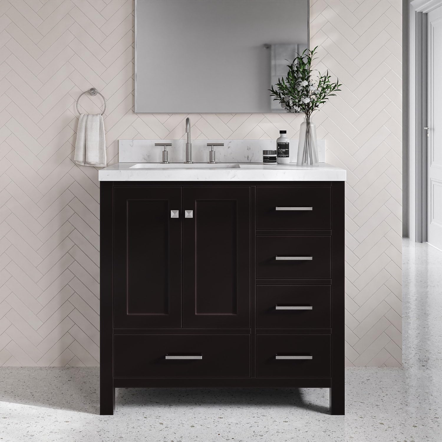 DKB Beckford 36-Inch Espresso Single Bathroom Vanity with Sink, Solid Wood Frame, Carrara White Quartz 1.5' Countertop, Left Rectangular Undermount Sink, 2 Soft Closing Doors, 5 Drawers