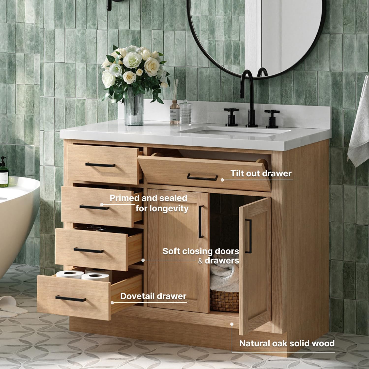 ARIEL Hepburn 42-inch Bathroom Vanity Base Cabinet,Solid Wood, 2 Soft Closing Doors, 5 Dovetail Drawers, White Oak
