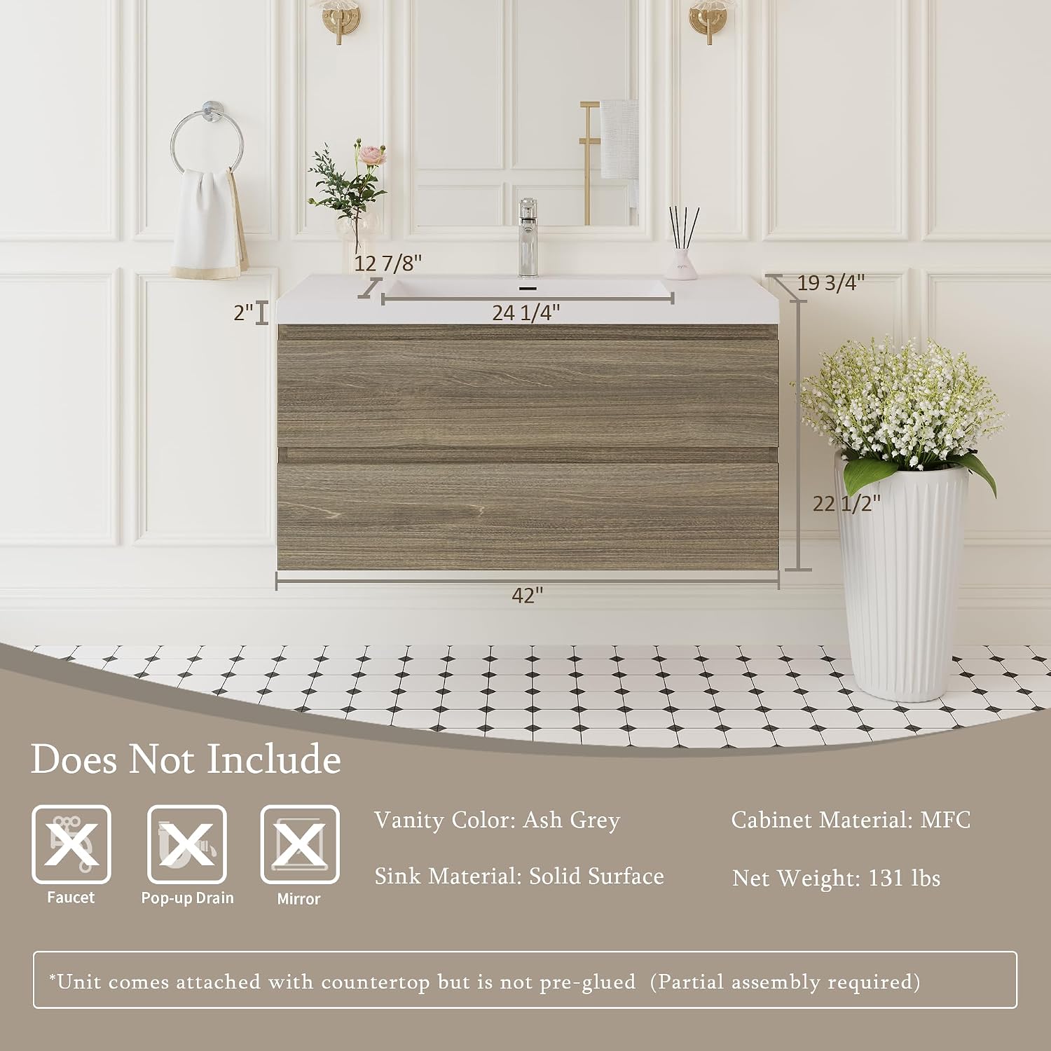 42' Floating Bathroom Vanity with Sink, Wall Mounted Bathroom Storage Vanity Cabinet with Solid Top Basin and Soft Close Drawers, Ash Grey
