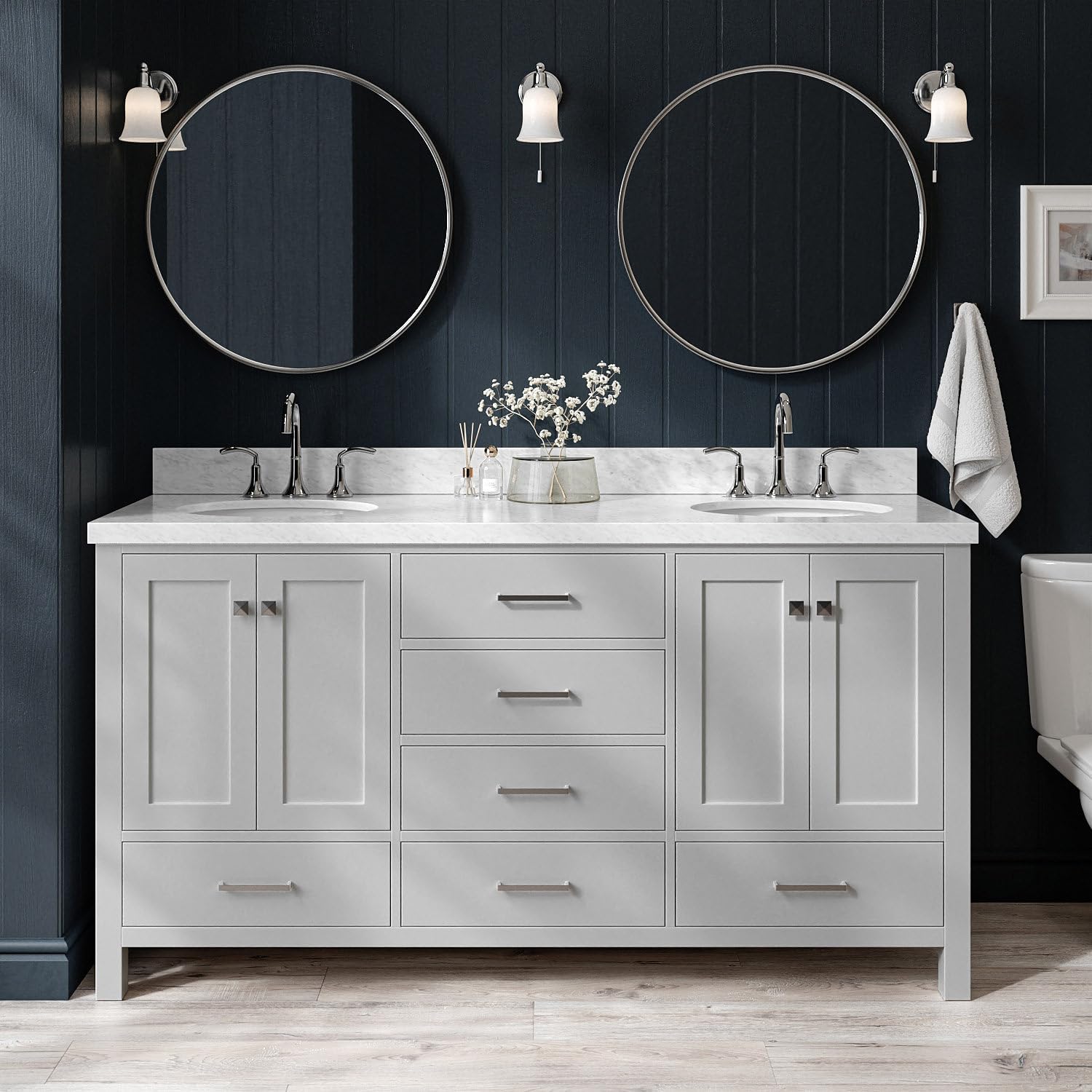 ARIEL Cambridge 66-inch Bathroom Vanity with Sink,Solid Wood, 1.5-inch Italian Carrara Marble Countertop & Backsplash, Double Oval Porcelain Sink, 4 Soft Closing Doors, 6 Dovetail Drawers, Grey
