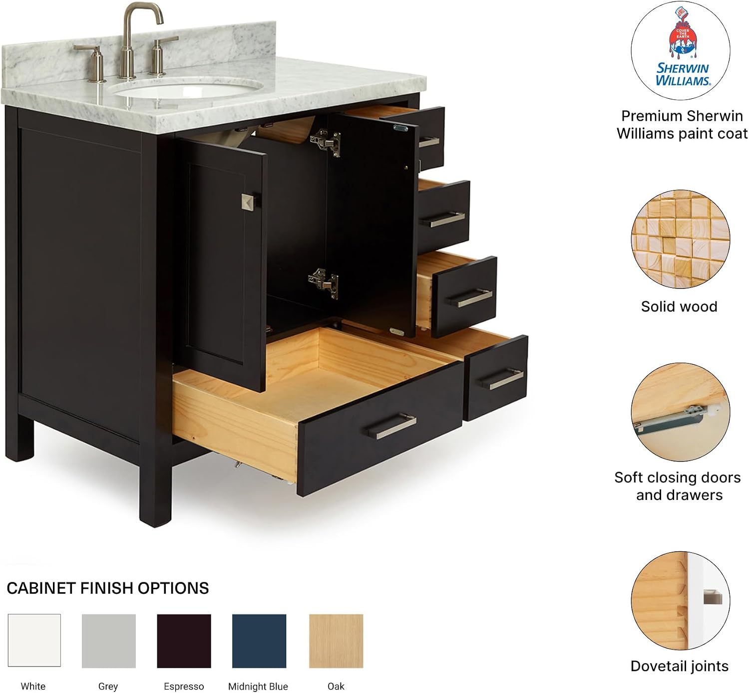 DKB Beckford 36-Inch Espresso Bathroom Vanity with Sink, 1.5-Inch Carrara Marble Countertop & Backsplash, Left Oval Undermount Sink, 2 Soft Closing Doors, 5 Dovetail Drawers, Solid Wood Frame