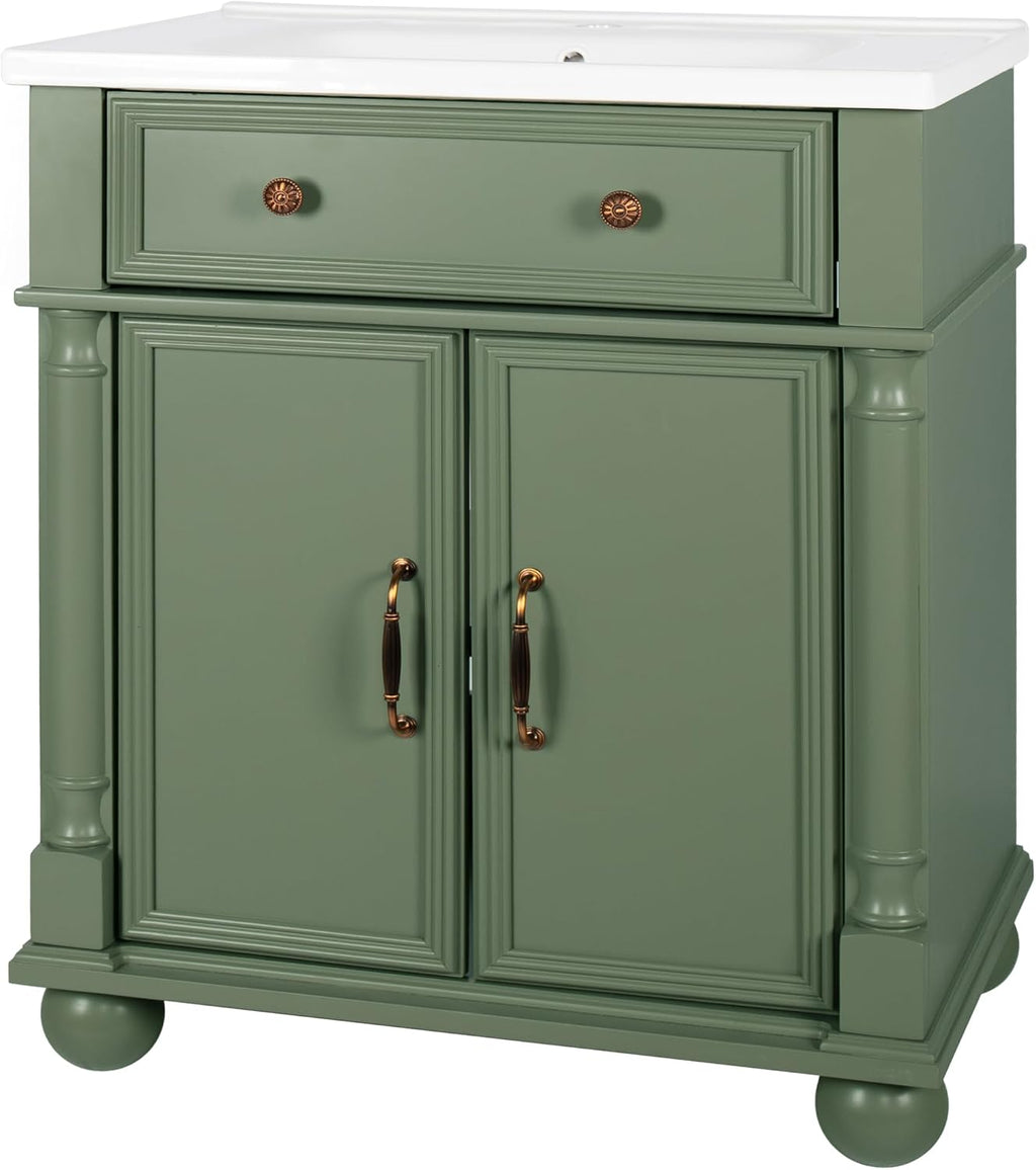 28 inch Bathroom Vanity with Sink, Modern Freestanding Bathroom Vanity Cabinet with Ceramic Sink, Flip Top Drawer, 2 Soft Closing Doors, Adjustable Shelf, Metal Handles, Round Column Base, Green