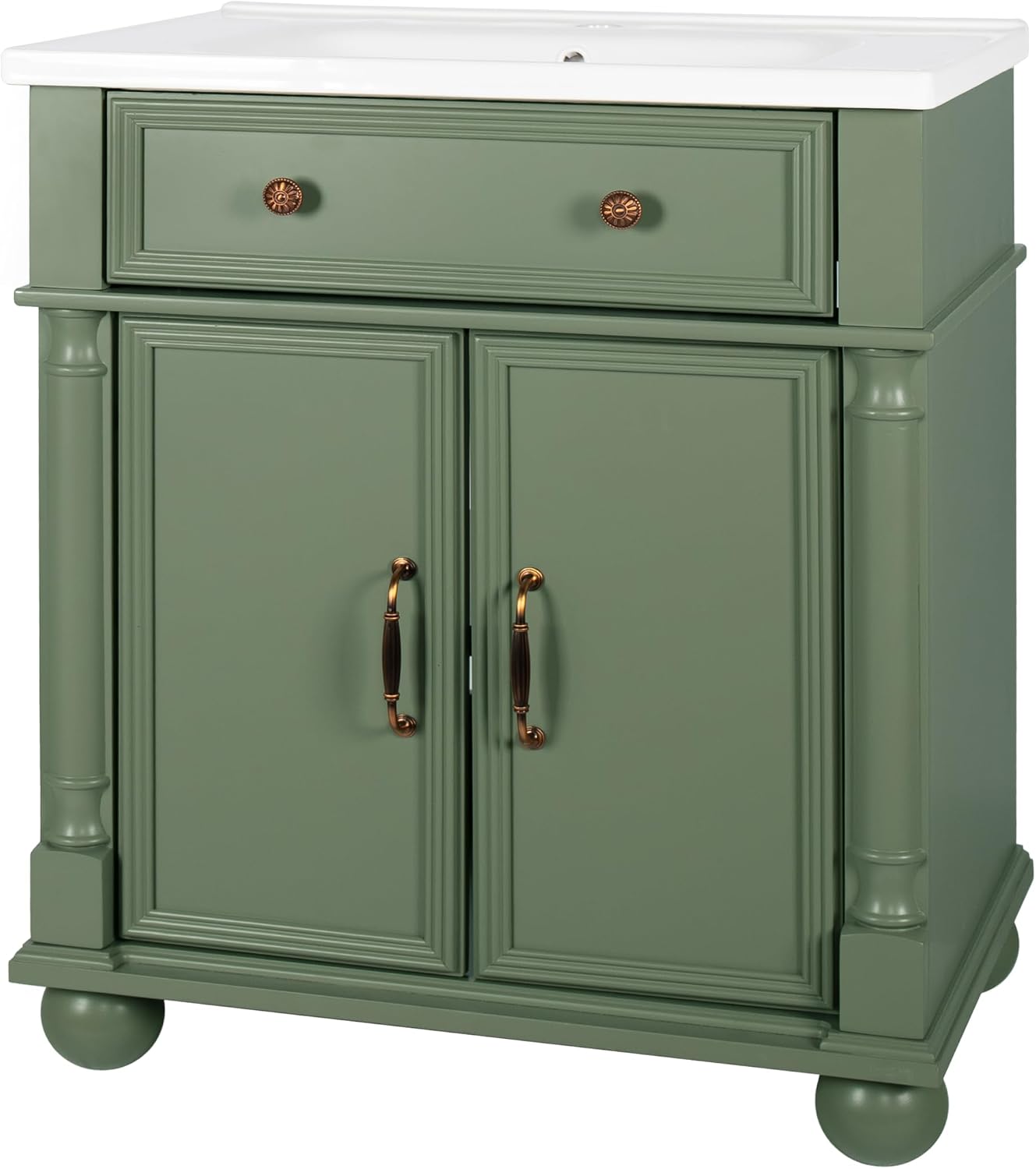 28 inch Bathroom Vanity with Sink, Modern Freestanding Bathroom Vanity Cabinet with Ceramic Sink, Flip Top Drawer, 2 Soft Closing Doors, Adjustable Shelf, Metal Handles, Round Column Base, Green