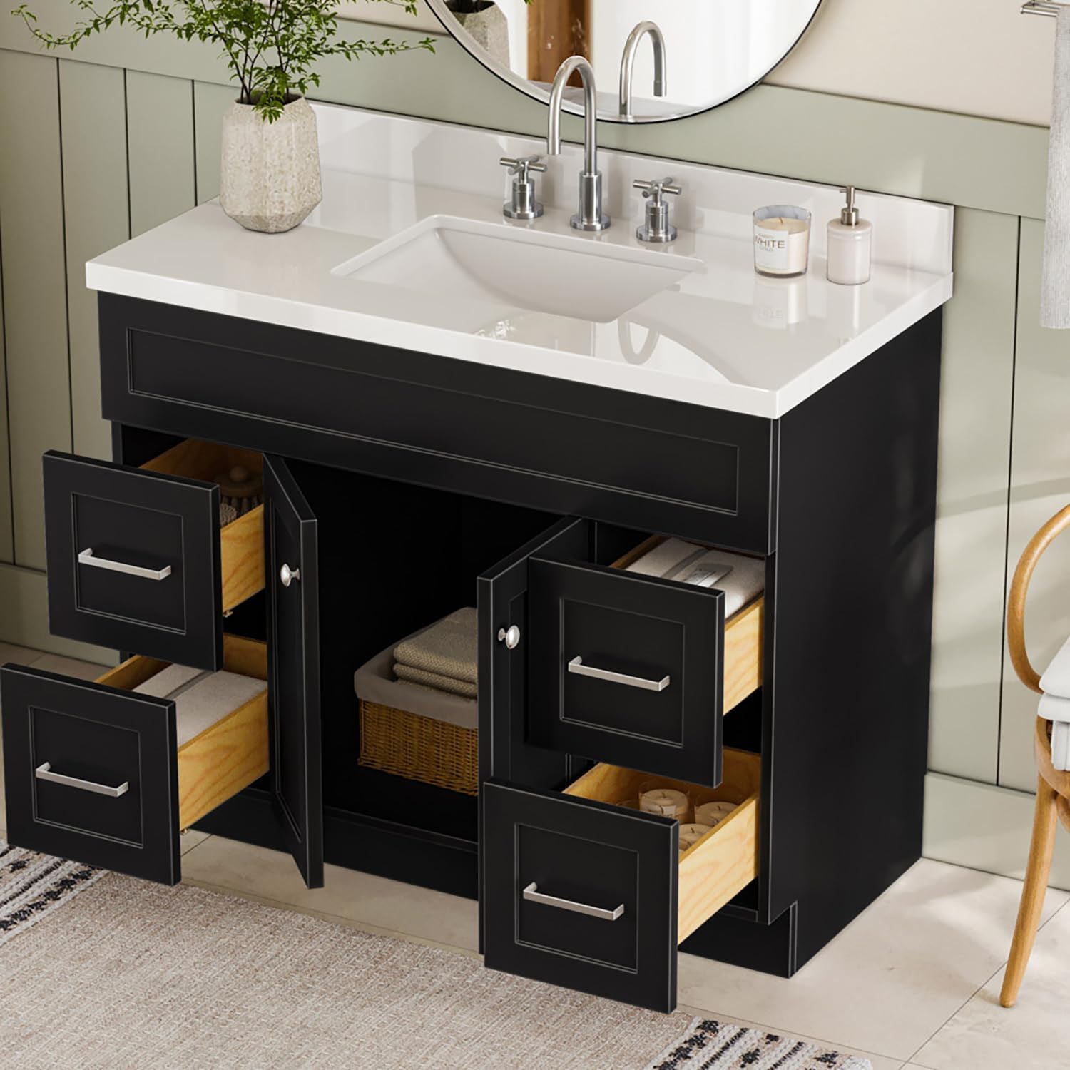 ARIEL Hamlet 42-inch Bathroom Vanity with Sink,Solid Wood, 1.5-inch Pure White Quartz Countertop & Backsplash, Single Rectangular Porcelain Sink, 2 Soft Closing Doors, 4 Dovetail Drawers, Black