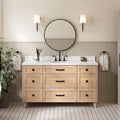 ARIEL Monroe 60-inch Bathroom Vanity with Sink,Solid Wood, 1.5-inch Carrara White Quartz Countertop, Single Oval Porcelain Sink, Dovetail Drawers, White Oak