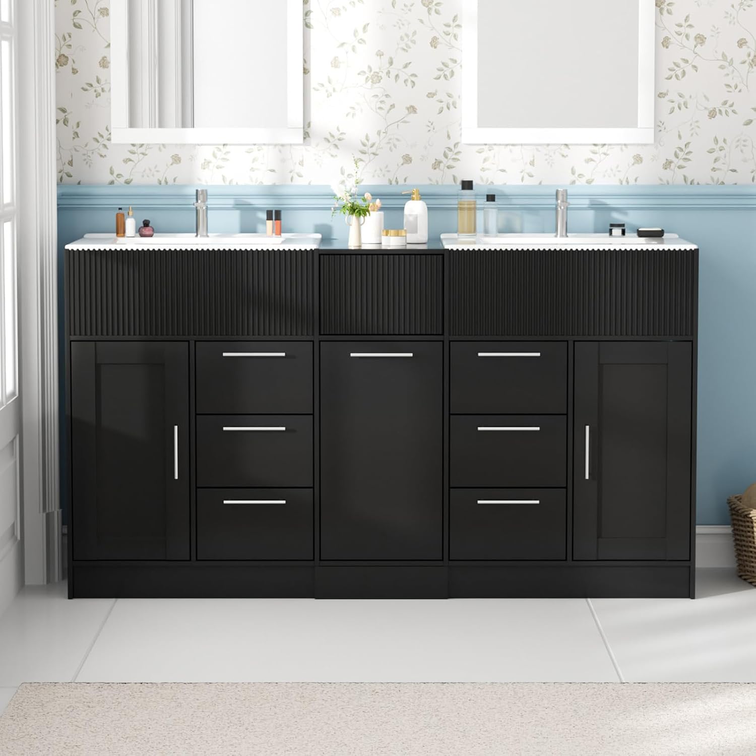 Kikihouse 60 Inch Bathroom Vanity with Double-Sink, Freestanding Modern Bathroom Vanity Cabinet with Ceramic Basin, Storage Organizer with 7 Drawers, for for Spacious Bathrooms (Black, 60 inch)