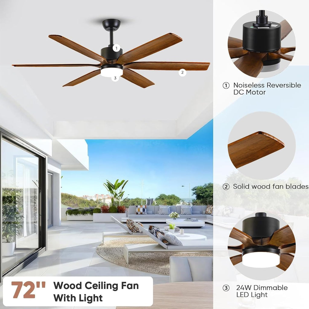 72 Inch Large Ceiling Fans with Lights and Remote, Indoor Outdoor Ceiling Fan for patios, 6 Blades Modern Farmhouse Wood Ceiling Fan with High CFM, 5 CCT Dimmable, Quiet Energy Efficient DC Motor