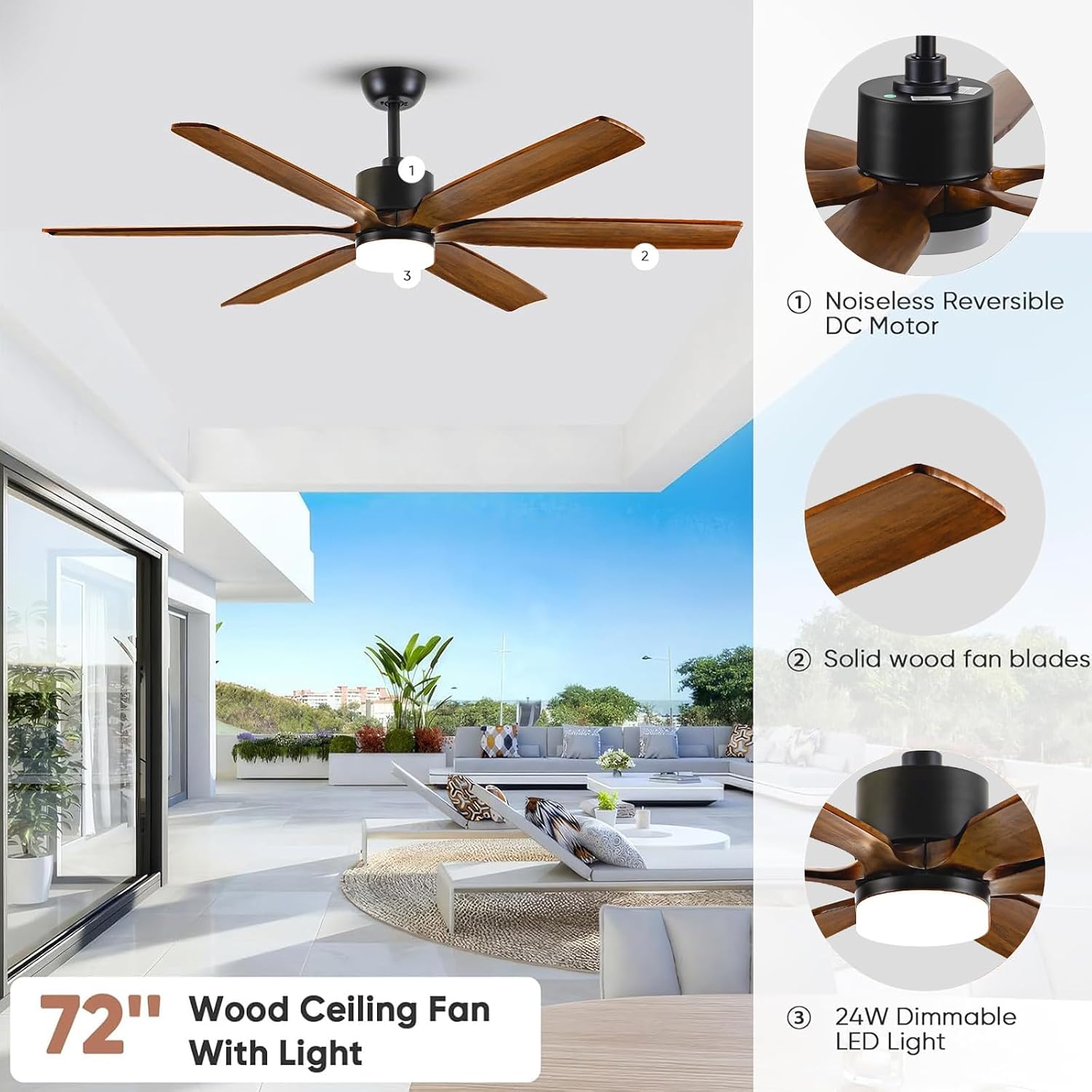 72 Inch Large Ceiling Fans with Lights and Remote, Indoor Outdoor Ceiling Fan for patios, 6 Blades Modern Farmhouse Wood Ceiling Fan with High CFM, 5 CCT Dimmable, Quiet Energy Efficient DC Motor