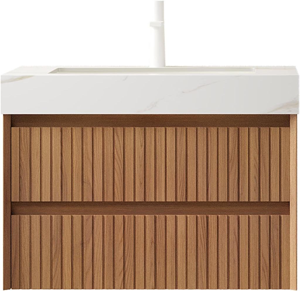 30' Bathroom Vanity with Sink, Modern Bathroom Floating Vanity with Travertine-Pattern Sintered Stone Top & Ceramic Undermount Basin, Pre-Assembled W/2 Drawers, Espresso/W