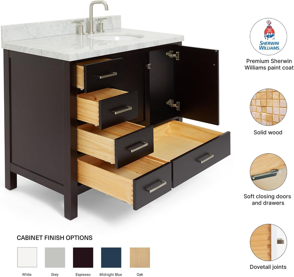 DKB Beckford 42' Espresso Bathroom Vanity with Sink – Carrara White Marble Countertop, Offset Oval Undermount Sink, Solid Wood, 2 Soft-Closing Doors, 5 Dovetail Drawers, Satin Nickel