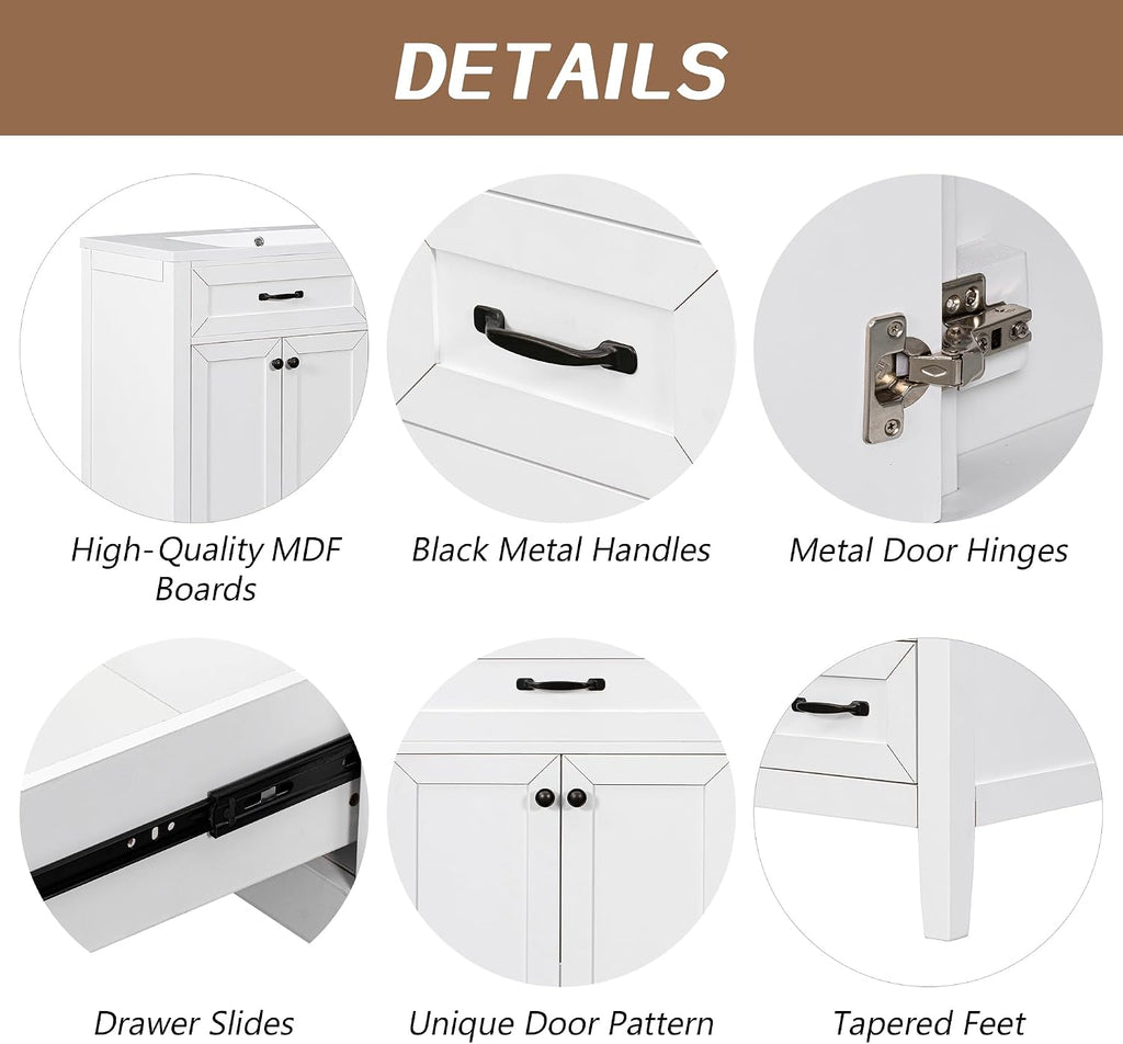36' Vanity with Sink, Bathroom Vanity witn Sink Top, 36 Inch Single Sink Bathroom Vanty with3 Drawers and 2 Doors (White)