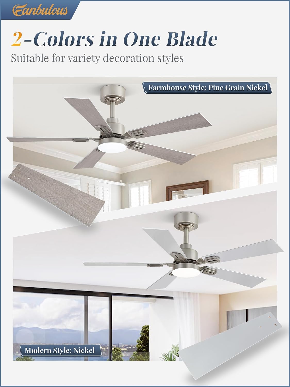 Fanbulous 2 Pack of 42 Ceiling Fans with Lights and Remote, Modern Low Profile Ceiling Fans with Dimmable 3CCT Quiet DC Motor, Reversible Celing Fan with 6-Speeds Timer for Bedroom, Nickel