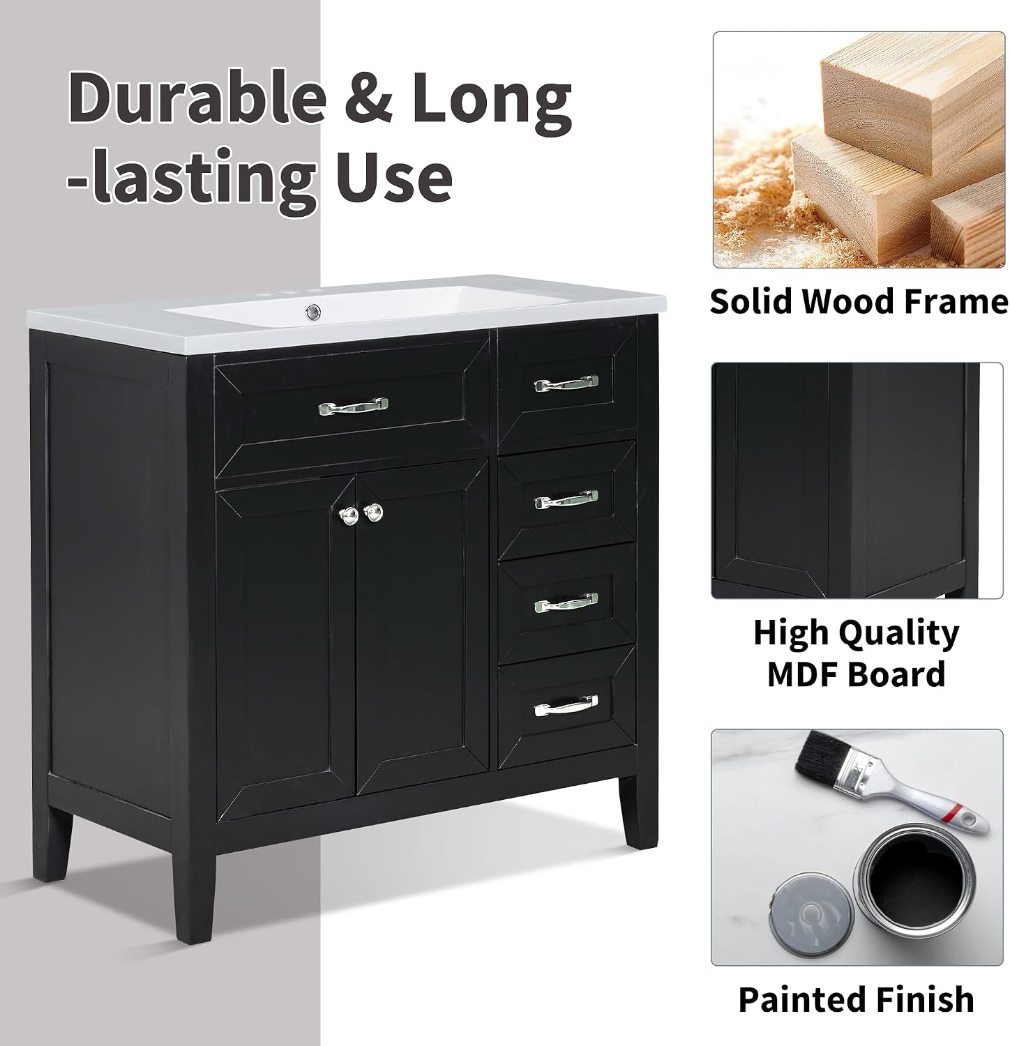 36' Vanity with Sink, Bathroom Vanity witn Top, 36 Inch Vanity and Sink with Countertop, 3 Drawers and 2 Doors for Bathroom No Mirror (Black)